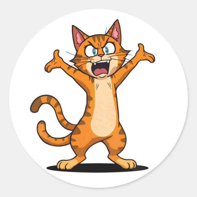 Angry Orange Tabby Cat Cartoon Classic Round Sticker (Front)