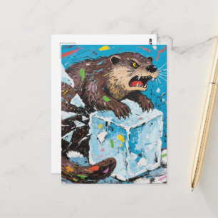 Angry otter breaking an ice block postcard