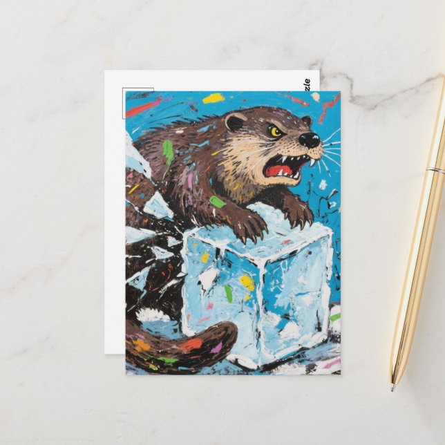 Angry otter breaking an ice block  postcard (Front/Back In Situ)