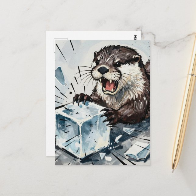 Angry otter breaking an ice block  postcard (Front/Back In Situ)