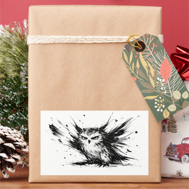 Angry Owl Explosive Ink Brushstroke Bird Design on Rectangular Sticker (Holiday)