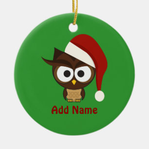 Angry Owl wearing Santa Hat Ceramic Ornament