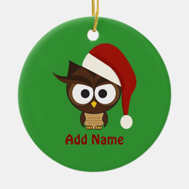 Angry Owl wearing Santa Hat Ceramic Ornament (Front)
