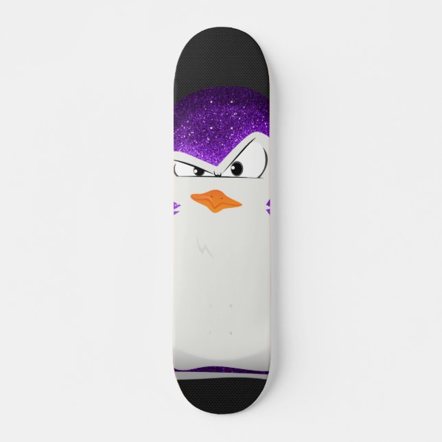 Angry Penguin Purple Glitter Photo Print Skateboard Deck (Front)