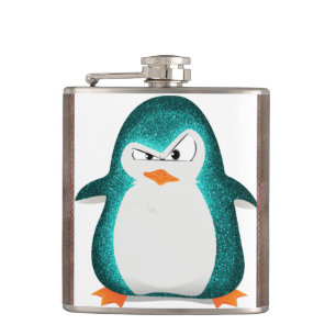 Angry Penguin Teal Glitter Photo Print Flask