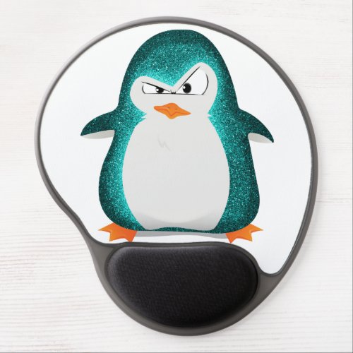 Angry Penguin Teal Glitter Photo Print Gel Mouse Pad