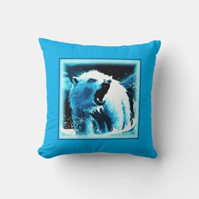 "Angry Polar Bear" Cute Painting. Buy Now Throw Pillow (Front)
