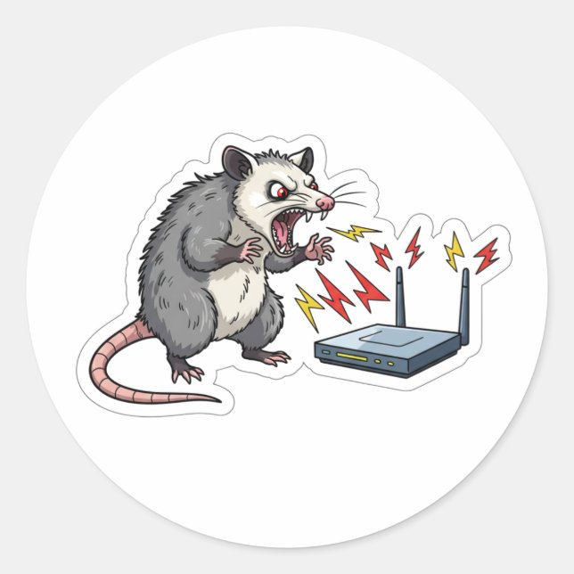 Angry Possum WiFi Rage Cartoon - Funny Tech Classic Round Sticker (Front)