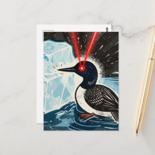 Angry red lazer eyes MN Loon melting ice Postcard