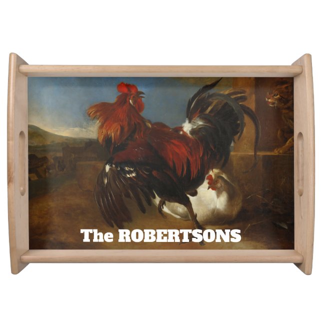 Angry Red Rooster and White Hen Serving Tray (Front)