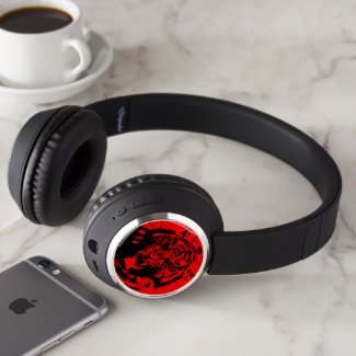 Angry roaring tiger, red and black stencil vector headphones