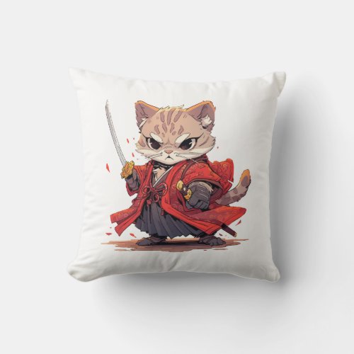 Angry Samurai style Cat Hero Throw Pillow