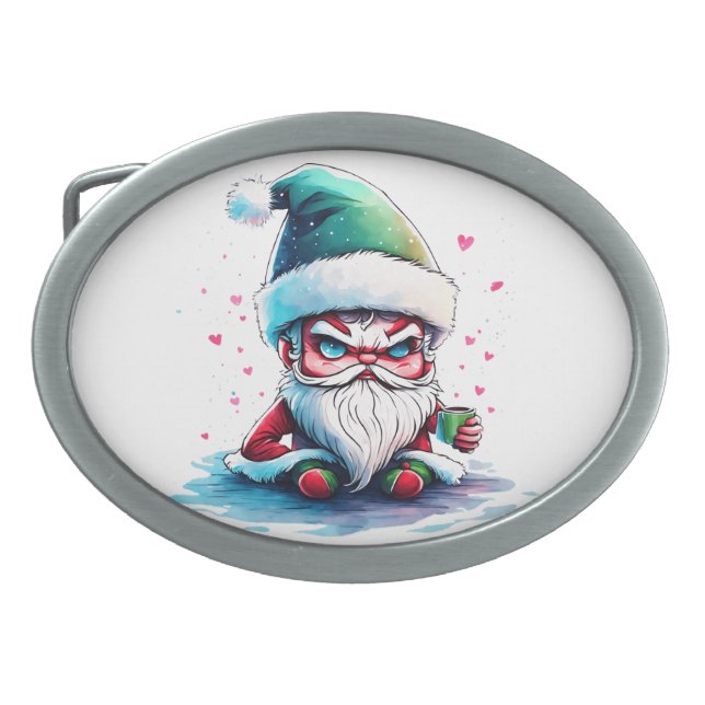 Angry Santa with a Cup of Coffee Belt Buckle (Front)