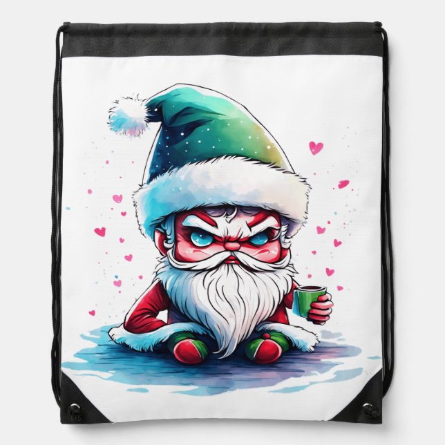 Angry Santa with a Cup of Coffee Drawstring Bag (Front)