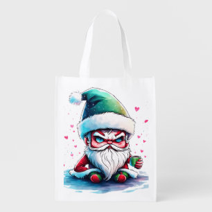 Angry Santa with a Cup of Coffee Grocery Bag