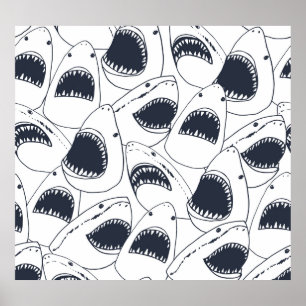 Angry shark, vintage doodle pattern. poster