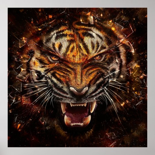 Angry Tiger Breaking Glass Yelow Poster | Zazzle.com