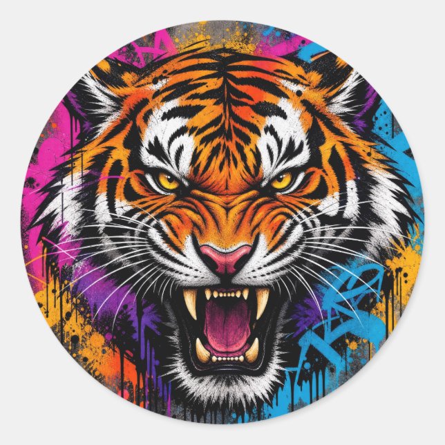 Angry tiger on classic round sticker (Front)