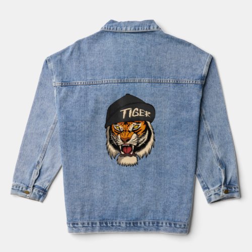 Angry Tiger Wearing Cool Hat The Tiger Wild Cat An Denim Jacket