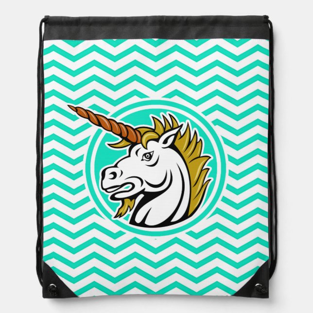 Angry Unicorn; Aqua Green Chevron Drawstring Bag (Front)