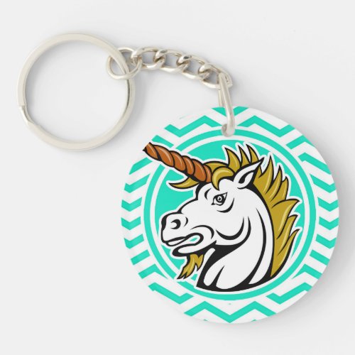 Angry Unicorn Aqua Green Chevron Keychain