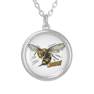 Angry Wasp BZZZT Comic Book Art Silver Plated Necklace
