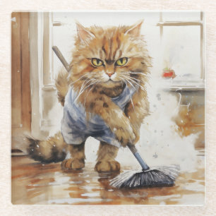 ANGRY WATERCOLOR ORANGE TABBY CAT CLEANING GLASS COASTER