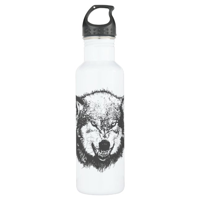 Angry Wolf in Black Stainless Steel Water Bottle (Front)