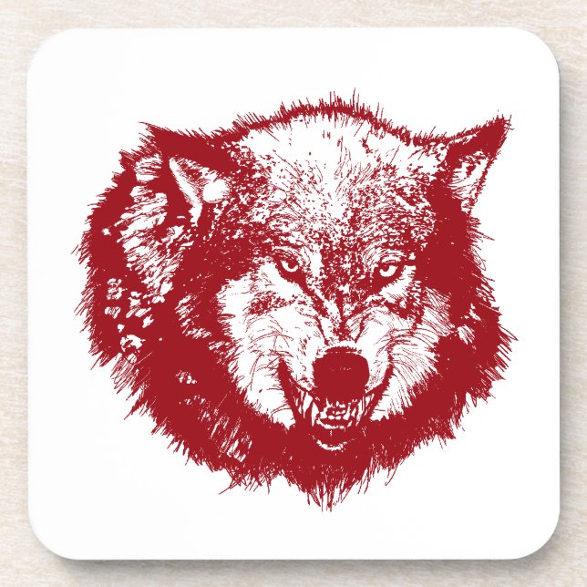 Angry Wolf in Red Beverage Coaster (Front)