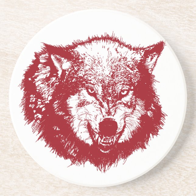 Angry Wolf in Red Drink Coaster (Front)