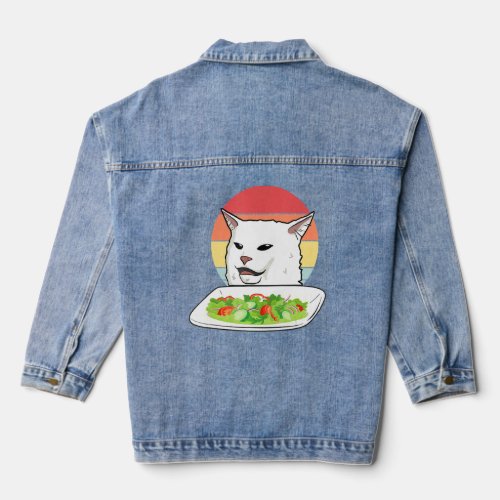 Angry Women Yelling At Confused Cat At Dinner Tabl Denim Jacket