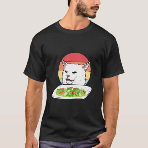 Angry Women Yelling At Confused Cat At Dinner Tabl T_Shirt