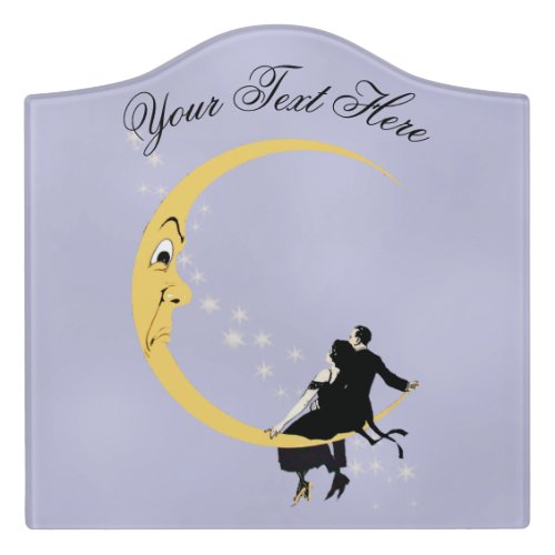 Angry Yellow Crescent Moon With Couple Stars Blue Door Sign