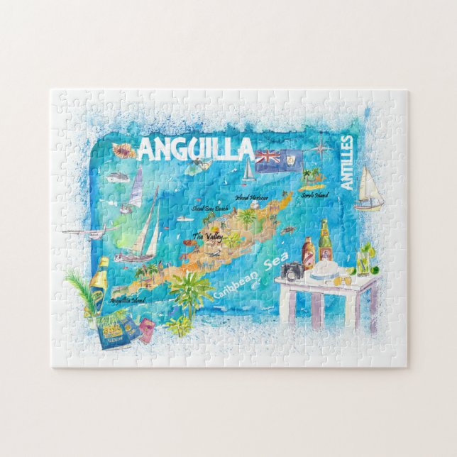 Anguilla Antilles Illustrated Caribbean Travel Map Jigsaw Puzzle (Horizontal)