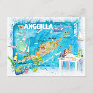 Anguilla Antilles Illustrated Caribbean Travel Map Postcard