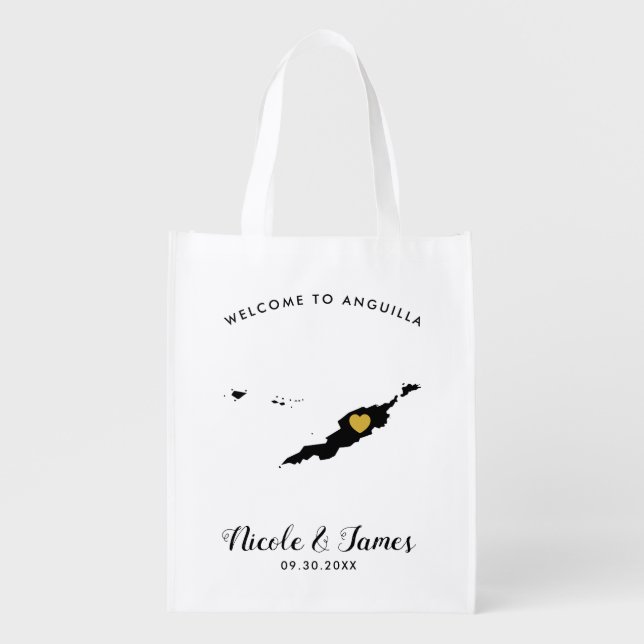 Anguilla Wedding Welcome Bag, Black and Gold Grocery Bag (Front)