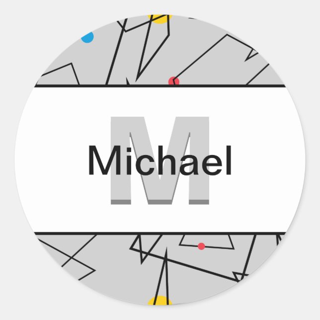 Angular Geometric Retro Pattern Monogrammed Classic Round Sticker (Front)