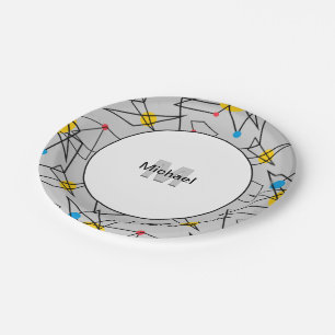 Angular Geometric Retro Pattern Monogrammed Paper Plates