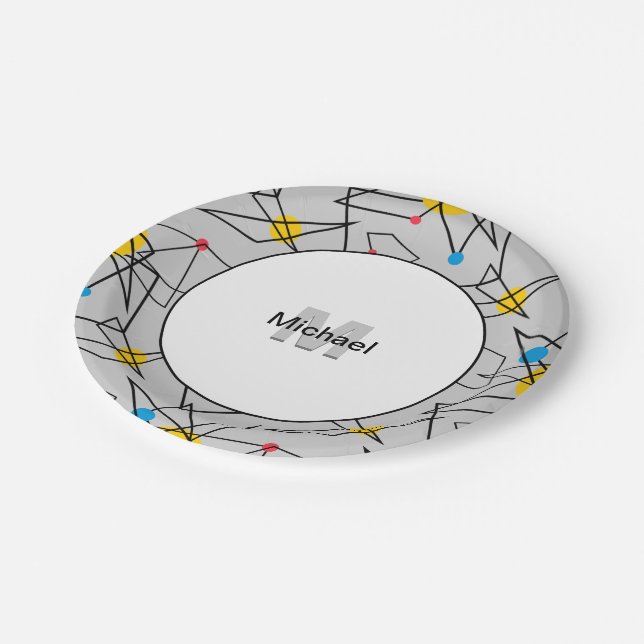 Angular Geometric Retro Pattern Monogrammed Paper Plates (Angled)