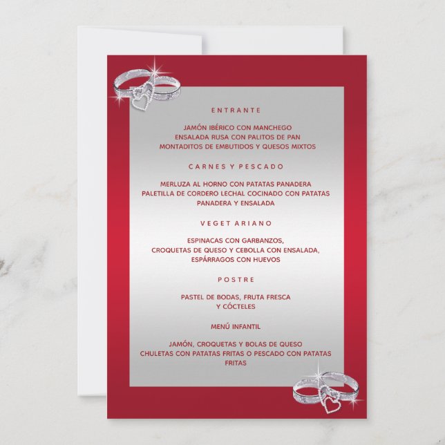 Anillos De Boda, De Plata Y Rojo Menú Invitation (Back)