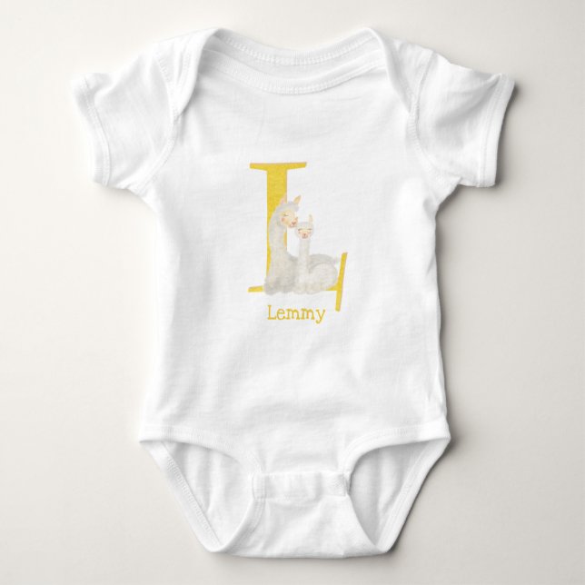 Animal ABC L is for llama baby bodysuit (Front)