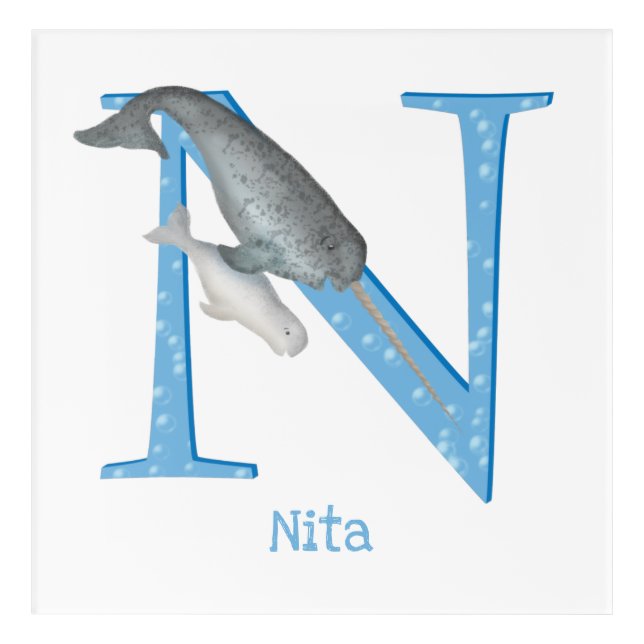 Animal ABC N is for narwhal acrylic print (Front)