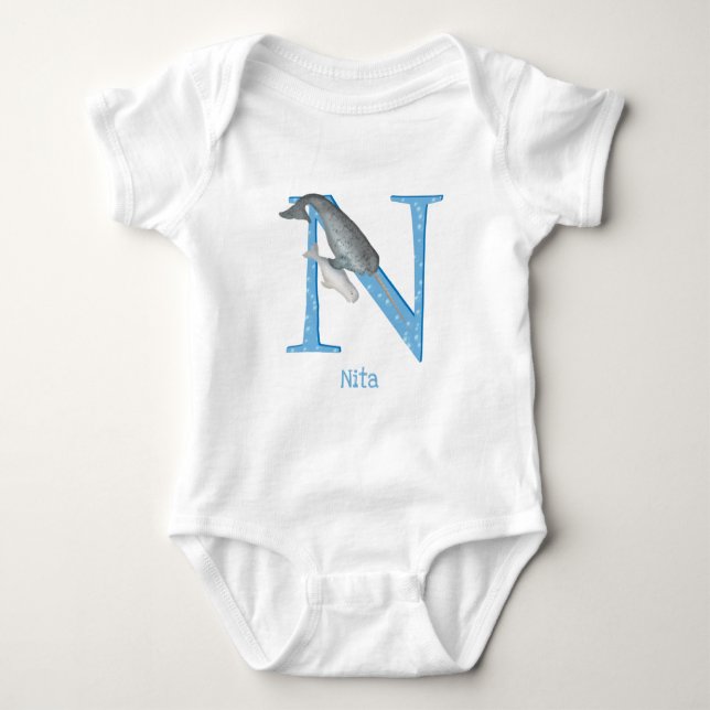 Animal ABC N is for narwhal baby bodysuit (Front)
