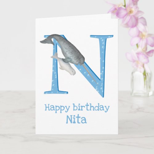 Animal ABC N is for narwhal birthday card