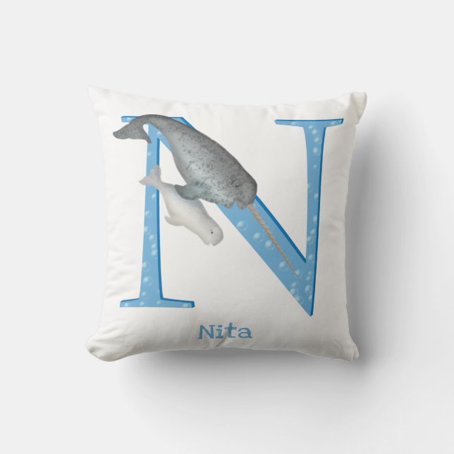 Animal ABC N is for narwhal cushion (Front)