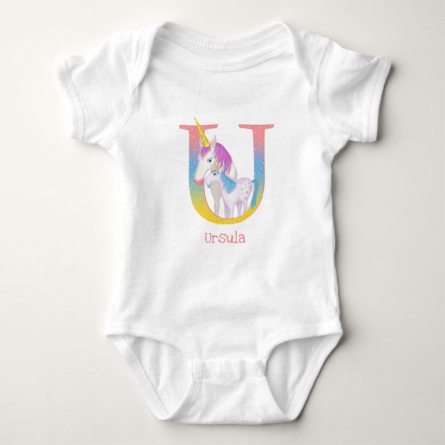 Animal ABC U is for unicorn baby bodysuit (Front)