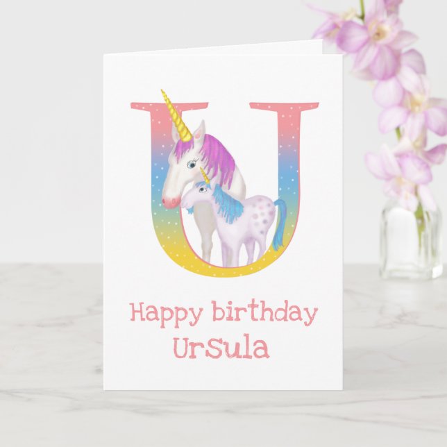 Animal ABC U is for unicorn birthday card (Orchid)