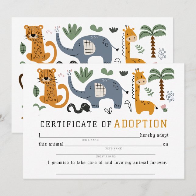 Animal Adoption Certificate Two Wild Safari Kids Invitation (Front/Back)