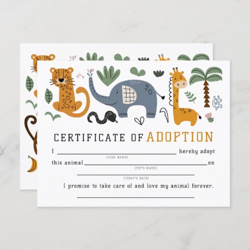 Animal Adoption Certificate Two Wild Safari Kids Postcard