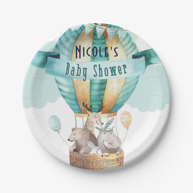 Animal Adventure Watercolor Boho Baby Shower Paper Plates (Front)